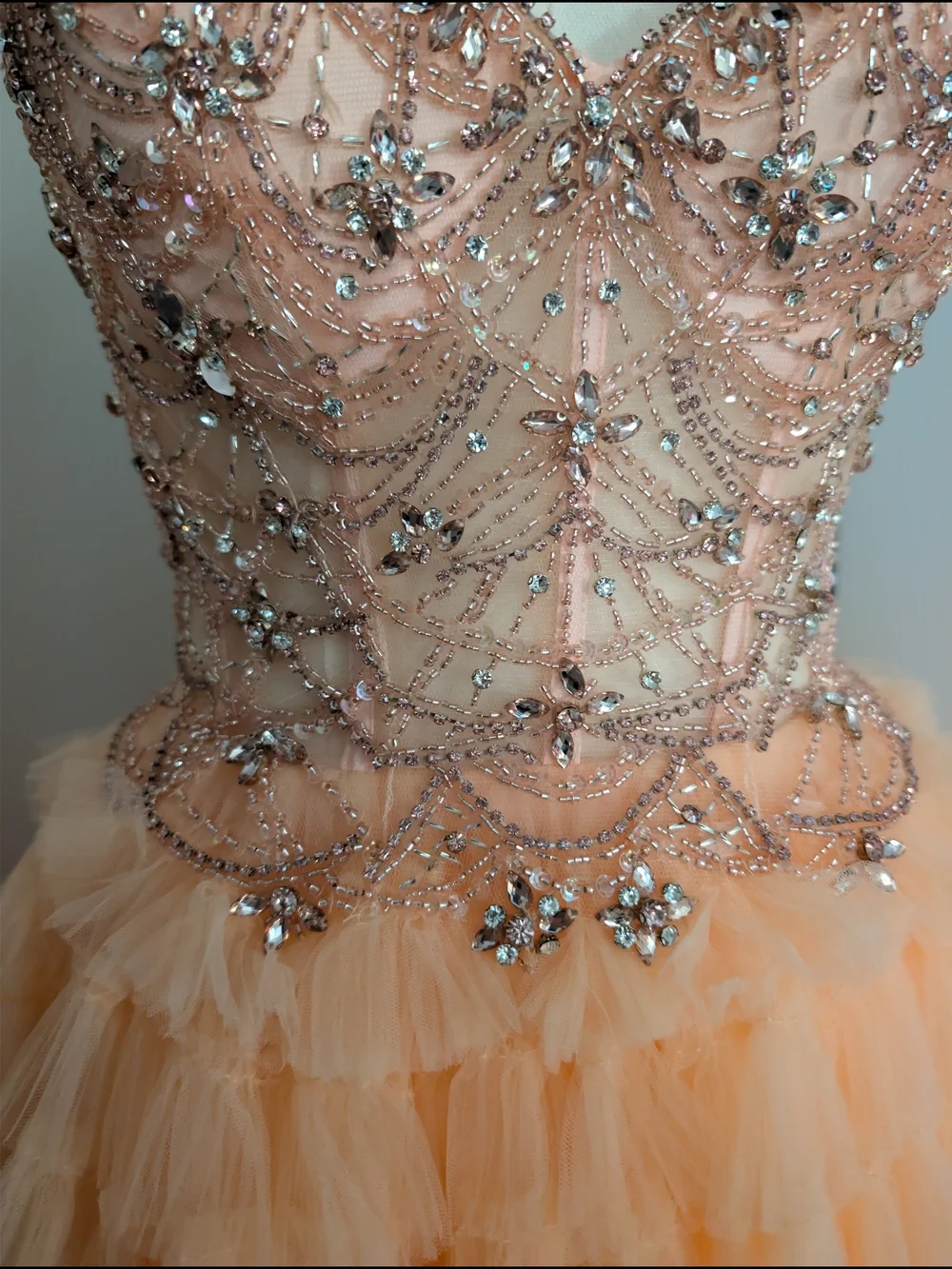 Jovani Blush Pink/ Peach Beaded Corset Tulle Ruffled Ball Gown Prom Dress 0